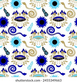 Evil eye seamless pattern in blue colors. magical background