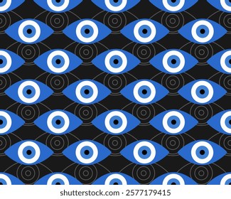 Evil eye seamless pattern. Blue colored textured vector background. Amulet