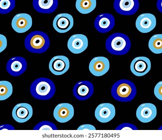 Evil eye seamless pattern. Blue colored textured vector background. Amulet