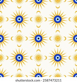 Evil eye seamless pattern. Blue magic nazar. Greek and Turkish vector background with ethnic amulet. Mystic talisman - traditional symbol of luck energy and protection.