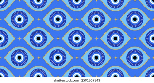 Evil eye seamless pattern. Blue mystic bead Greece print. Magic Turkish nazar background. Abstract symbol of protection luck and energy. Ethnic amulet and talisman wallpaper for spiritual decoration