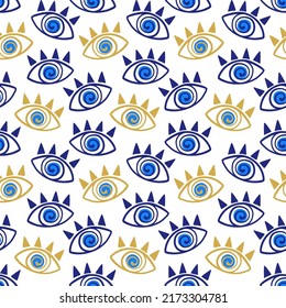 Evil eye seamless pattern. Ethnic Turkish eye decorative symbols. Simple unique hand drawn surface design. Amulet textile, fabric print. Creative boho trendy texture