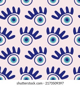 Patrón inquebrantable de ojos malvados. Símbolos decorativos de ojo étnico turco. Sencillo diseño de superficie dibujado a mano. Tejido de aluminio, impresión de tela. Textura de moda del boho creativo