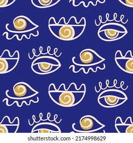 Evil eye seamless pattern. Ethnic Turkish eye decorative symbols. Simple unique hand drawn surface design. Amulet textile, fabric print. Creative boho trendy texture
