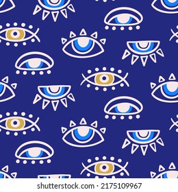 Evil eye seamless pattern. Ethnic Turkish eye decorative symbols. Simple unique hand drawn surface design. Amulet textile, fabric print. Creative boho trendy texture