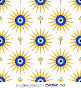 Evil eye seamless pattern. Greek and Turkish blue magic bead. Vector background with nazar - symbol of protection and luck. Mystic and spiritual talisman wallpaper