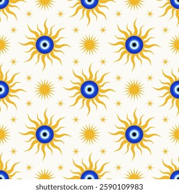 Evil eye seamless pattern. Greek vector background with blue beads and sun. Turkish magic nazar. Symbol of protection and luck. Ethnic cute amulet mystic wallpaper with astrology ornament