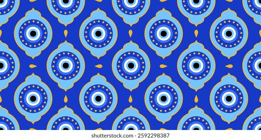 Evil eye seamless pattern. Greek and Turkish blue magic bead. Vector background with nazar - symbol of protection and luck. Mystic and spiritual talisman wallpaper