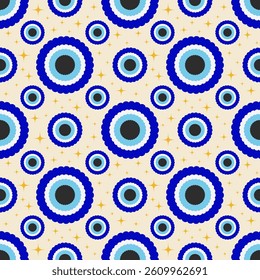 Evil eye seamless pattern. Greek and Turkish blue magic bead. Vector background with scalloped nazar - symbol of protection and luck. Mystic and spiritual talisman wallpaper
