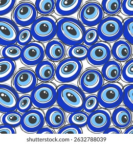 Böse Auge nahtlose Muster. Griechisches und türkisches Symbol für Schutz und Glück. Blaue Perlen magischen Hintergrund. Illustration mit ethnischen Amuletten und Kreisenergie-Talismanen. Modernes Vektorornament