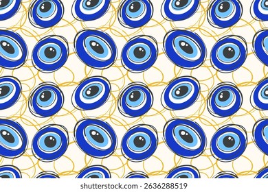Evil eye seamless pattern. Greek and Turkish symbol of protection and luck. Blue bead magic background. Illustration with ethnic amulets and circle energy talismans. Vector modern ornament
