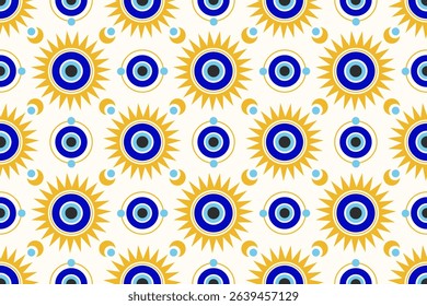 Evil eye seamless pattern. Greek and Turkish blue magic bead. Vector background with nazar - symbol of protection and luck. Mystic and spiritual talisman wallpaper