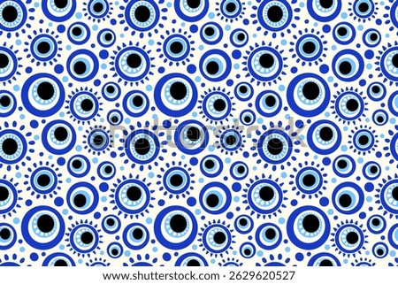 Evil eye seamless pattern. Greek and Turkish symbol of protection and luck. Blue bead magic background. Illustration with ethnic amulets and circle energy talismans. Vector Arabic design