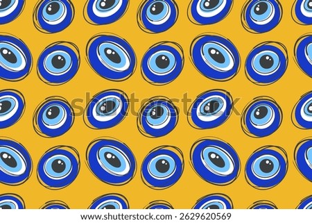 Evil eye seamless pattern. Greek and Turkish symbol of protection and luck. Blue bead magic background. Illustration with ethnic amulets and circle energy talismans. Vector Arabic ornament