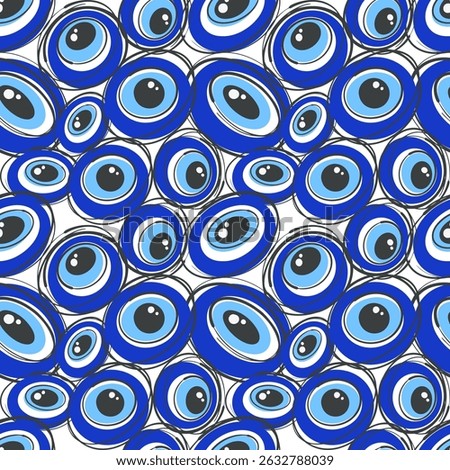 Evil eye seamless pattern. Greek and Turkish symbol of protection and luck. Blue bead magic background. Illustration with ethnic amulets and circle energy talismans. Vector modern ornament