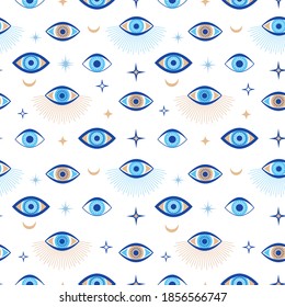 Evil eye seamless pattern. Magic talisman and occult symbol. Greek ethnic blue, white and golden third eyes. Flat vector abstract wallpaper. Talisman eye amulet seamless wallpaper illustration