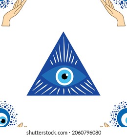 Evil eye seamless pattern. Magic, witchcraft, occult symbol. Hamsa eye, magical eye, decor element. Blue white golden eyes. Fabric textile giftware wallpaper