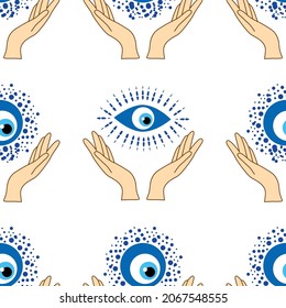 Evil eye seamless pattern. Magic, witchcraft, occult symbol. Hamsa eye, magical eye, decor element. Blue white golden eyes. Fabric textile giftware wallpaper