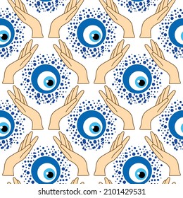 Evil eye seamless pattern. Magic, witchcraft, occult symbol. Hamsa eye, magical eye, decor element. Blue white golden eyes. Fabric textile giftware wallpaper