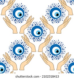 Evil eye seamless pattern. Magic, witchcraft, occult symbol. Hamsa eye, magical eye, decor element. Blue white golden eyes. Fabric textile giftware wallpaper