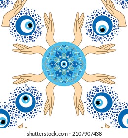 Evil eye seamless pattern. Magic, witchcraft, occult symbol. Hamsa eye, magical eye, decor element. Blue white golden eyes. Fabric textile giftware wallpaper