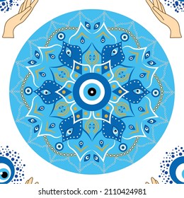 Evil eye seamless pattern. Magic, witchcraft, occult symbol. Hamsa eye, magical eye, decor element. Blue white golden eyes. Fabric textile giftware wallpaper