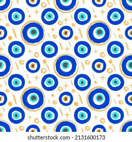 Evil eye seamless pattern. Symbol of protection in Turkey and Greece. Background with blue nazar talismans. Vector amulet