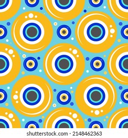 Evil eye seamless pattern. Symbol of protection in Turkey and Greece. Background with blue nazar talismans. Vector amulet