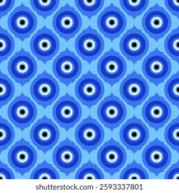 Evil eye seamless pattern. Traditional blue bead in Greece and Turkey. Vector magic background with ethnic nazar - symbol of protection and luck. Ornament with energy amulet and spiritual talisman