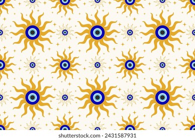 Evil eye seamless pattern. Turkish and Greek blue bead symbol. Magic nazar and ethnic circle amulet for luck. Vector spiritual ornament.