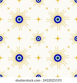 Evil eye seamless pattern. Turkish and Greek blue bead symbol. Magic nazar and ethnic circle amulet for luck. Vector spiritual ornament.