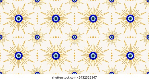 Evil eye seamless pattern. Turkish and Greek blue bead symbol. Magic nazar and ethnic circle amulet for luck. Vector spiritual ornament.