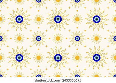 Evil eye seamless pattern. Turkish and Greek blue bead symbol. Magic nazar and ethnic circle amulet for luck. Vector spiritual ornament.