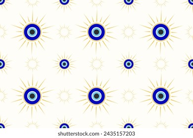 Evil eye seamless pattern. Turkish and Greek blue bead symbol. Magic nazar and ethnic circle amulet for luck. Vector spiritual ornament.