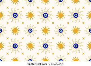 Evil eye seamless pattern. Turkish and Greek blue bead symbol. Magic nazar and ethnic circle amulet for luck. Vector spiritual ornament.