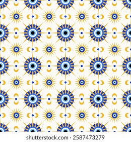 Evil eye seamless pattern. Turkish blue amulet background. Vector Greek bead symbol print. Magic nazar wallpaper with symbol of protection and luck. Mystic ornament with energy talismans