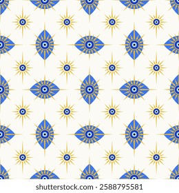 Evil eye seamless pattern. Turkish vector background with blue magic bead. Greek wallpaper with nazar ornament. Abstract amulet - symbol of protection and luck. Mystic energy design