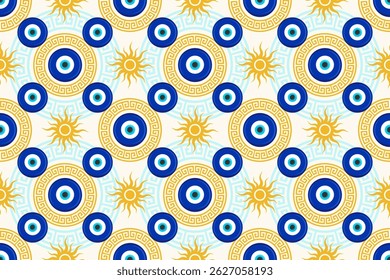 Olho do mal padrão perfeito. Conta azul turca com meandro. Vetor grego fundo mágico com sol e símbolo étnico nazar de proteção sorte. Ornamento tradicional com energia amuleto talismã espiritual