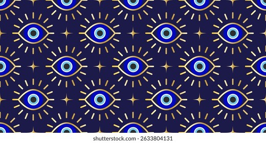 Evil eye seamless pattern. Turkish vector background with blue beads and magic nazar. Mystic Greek amulet is the symbol of protection and luck. Arabic and Mediterranean ethnic wallpaper