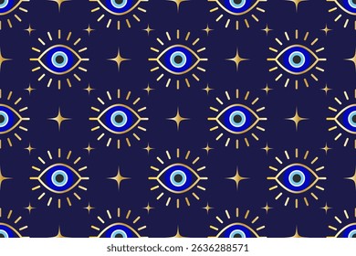 Evil eye seamless pattern. Turkish vector background with blue beads and magic nazar. Mystic Greek amulet is the symbol of protection and luck. Arabic and Mediterranean ethnic wallpaper