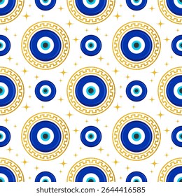 Evil eye seamless pattern. Turkish blue bead with golden meander. Greek vector magic background with ethnic nazar symbol of protection and luck. Traditional ornament with energy amulet and talisman