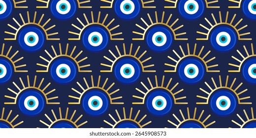 Olho do mal padrão perfeito. Fundo do vetor turco com contas azuis. O amuleto místico grego é o símbolo de proteção e sorte. Magia árabe e mediterrânea nazar