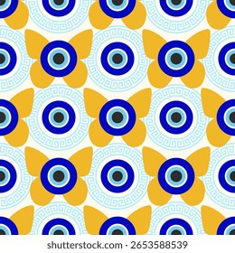 Olho do mal padrão perfeito. Conta azul turca com meandro. Vetor grego fundo mágico com símbolo étnico nazar de proteção e sorte. Ornamento tradicional com amuleto de energia e talismã espiritual