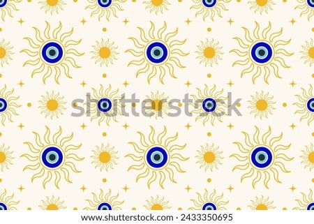 Evil eye seamless pattern. Turkish and Greek blue bead symbol. Magic nazar and ethnic circle amulet for luck. Vector spiritual ornament.