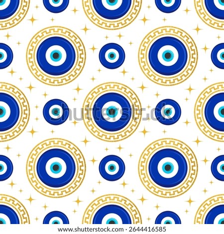 Evil eye seamless pattern. Turkish blue bead with golden meander. Greek vector magic background with ethnic nazar symbol of protection and luck. Traditional ornament with energy amulet and talisman