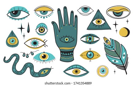 Evil eye set. Mascots, ornamental beads, tribal symbols, snake, eyeball, hand. Flat vector illustrations for Greek culture, religion, sacred esoteric elements concept