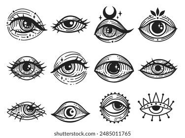 Evil eye set. Eye of Providence. Lineart Vector illustration. Magic celestial witchcraft symbol. Masonic symbol. Hand drawn logo or emblem