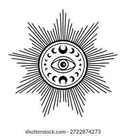 Böse Augengarnitur. Auge der Vorsehung. Lineart, Vektorgrafik. Zauberhaftes Himmelszaubersymbol. Freimaurersymbol. Handgezeichnetes Logo