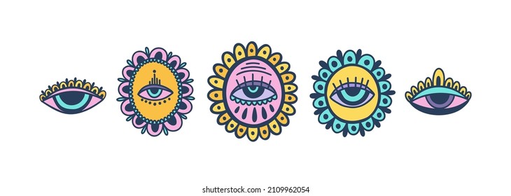 Evil eye set third  element hand drawn.Esoteric mystic symbol,authentic icon.Vector illustration.