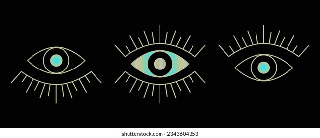 Ojo malvado con tres ojos abiertos azules y dorados. Mítico talismán. Ilustración vectorial.